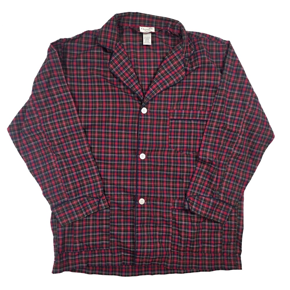 Christian Dior Pajama Red Blue Plaid Button L/S  Sleep‎ Shirt Men's Size L VTG
